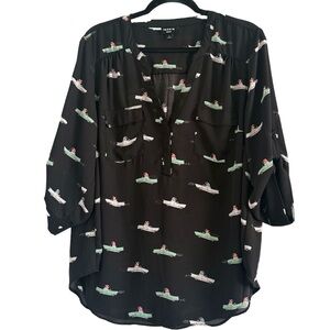 Torrid Black Blouse with Convertible Car Print